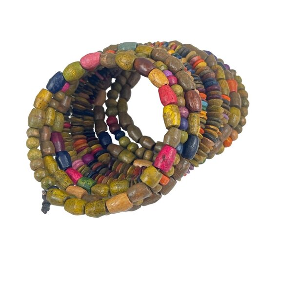 Colorful Wooden Beaded Coil Bracelet with Flower Charms - Picture 3 of 8